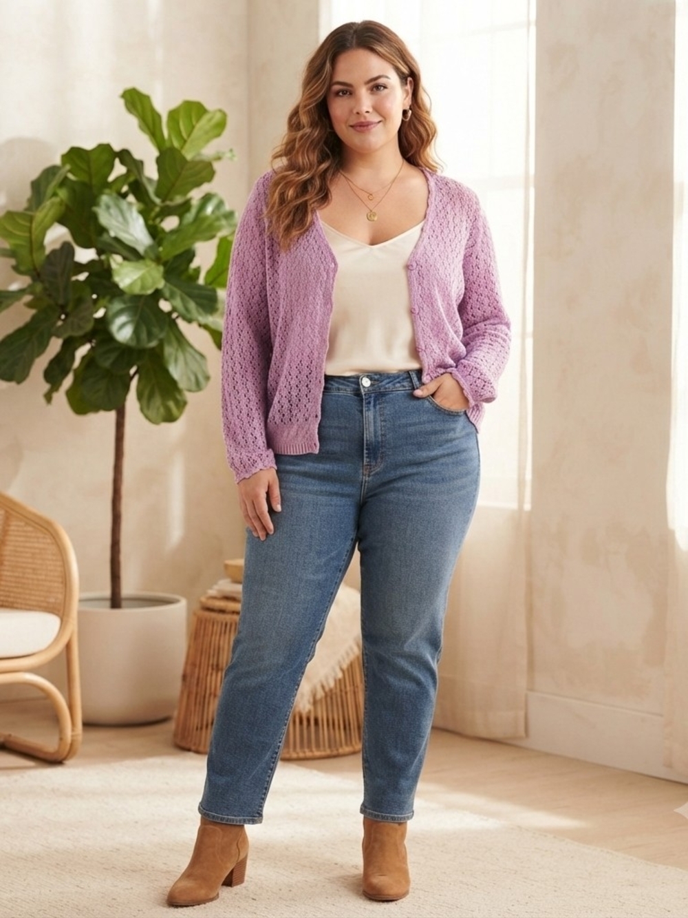 Vintage Lavender Open-Knit Cardigan Crochet Handknit Sz Large-XL